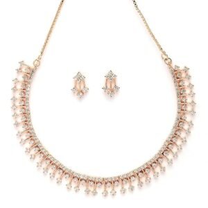 ZENEME Rose Gold Toned American Diamond Jewellery Set for Women  Fancy Jewellery  Designer Drop Rose Gold-Plated Floral Earrings & Necklace for Women & Girls