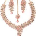 Sukkhi Charming AD Diamonds Studded Floral Choker Necklace with Danlge Earrings Maangtikka Jewellery Set for Women & Girls