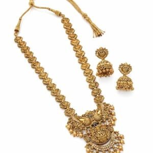 South Indian Traditional Antique Matte Gold Finish Goddess Lakshmi & Peacock Motif Long Necklace Set with Jhumka Earrings for Women  Ethnic Temple Jewellery for Weddings, Brides & Festivals