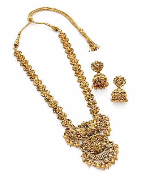 South Indian Traditional Antique Matte Gold Finish Goddess Lakshmi & Peacock Motif Long Necklace Set with Jhumka Earrings for Women Ethnic Temple Jewellery for Weddings, Brides & Festivals