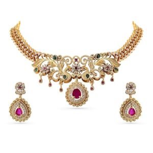 Rubans Necklace Set American Diamond Zirconia Studded Gold Plated Traditional Stylish Jewellery Gift for Women & Girls