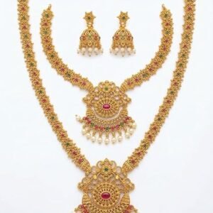 South Indian Traditional Antique Matte Gold Finish Goddess Lakshmi & Peacock Motif Long Necklace Set with Jhumka Earrings for Women  Ethnic Temple Jewellery for Weddings, Brides & Festivals