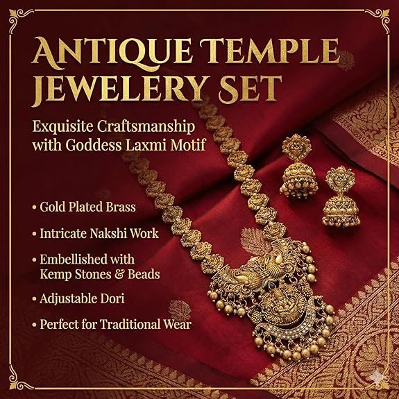 South Indian Traditional Antique Matte Gold Finish Goddess Lakshmi & Peacock Motif Long Necklace Set with Jhumka Earrings for Women Ethnic Temple Jewellery for Weddings, Brides & Festivals - Image 2