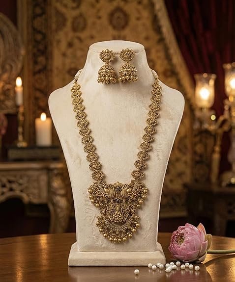 South Indian Traditional Antique Matte Gold Finish Goddess Lakshmi & Peacock Motif Long Necklace Set with Jhumka Earrings for Women Ethnic Temple Jewellery for Weddings, Brides & Festivals - Image 3