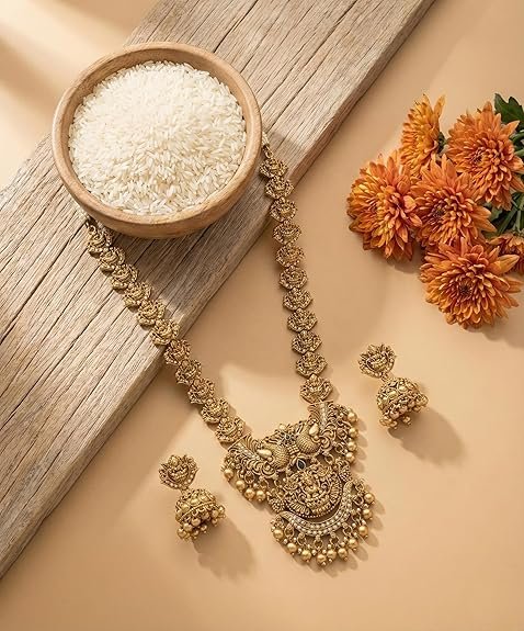 South Indian Traditional Antique Matte Gold Finish Goddess Lakshmi & Peacock Motif Long Necklace Set with Jhumka Earrings for Women Ethnic Temple Jewellery for Weddings, Brides & Festivals - Image 4