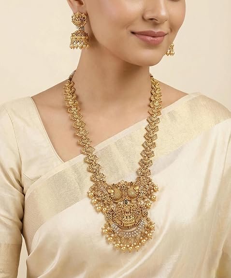 South Indian Traditional Antique Matte Gold Finish Goddess Lakshmi & Peacock Motif Long Necklace Set with Jhumka Earrings for Women Ethnic Temple Jewellery for Weddings, Brides & Festivals - Image 5